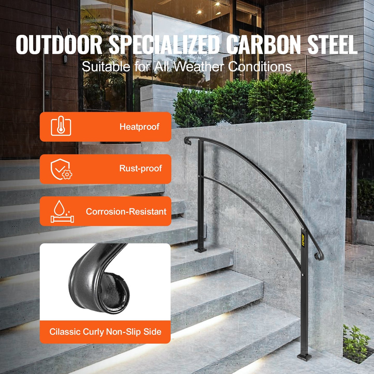 4-Step Handrail Fits 1 or 4 Steps Matte Black Stair Rail Wrought Iron Handrail with Installation Kit Hand Rails for Outdoor Steps