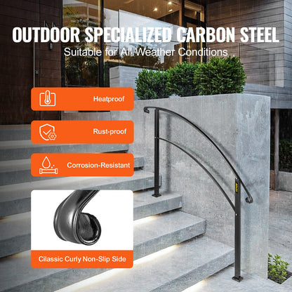 4-Step Handrail Fits 1 or 4 Steps Matte Black Stair Rail Wrought Iron Handrail with Installation Kit Hand Rails for Outdoor Steps