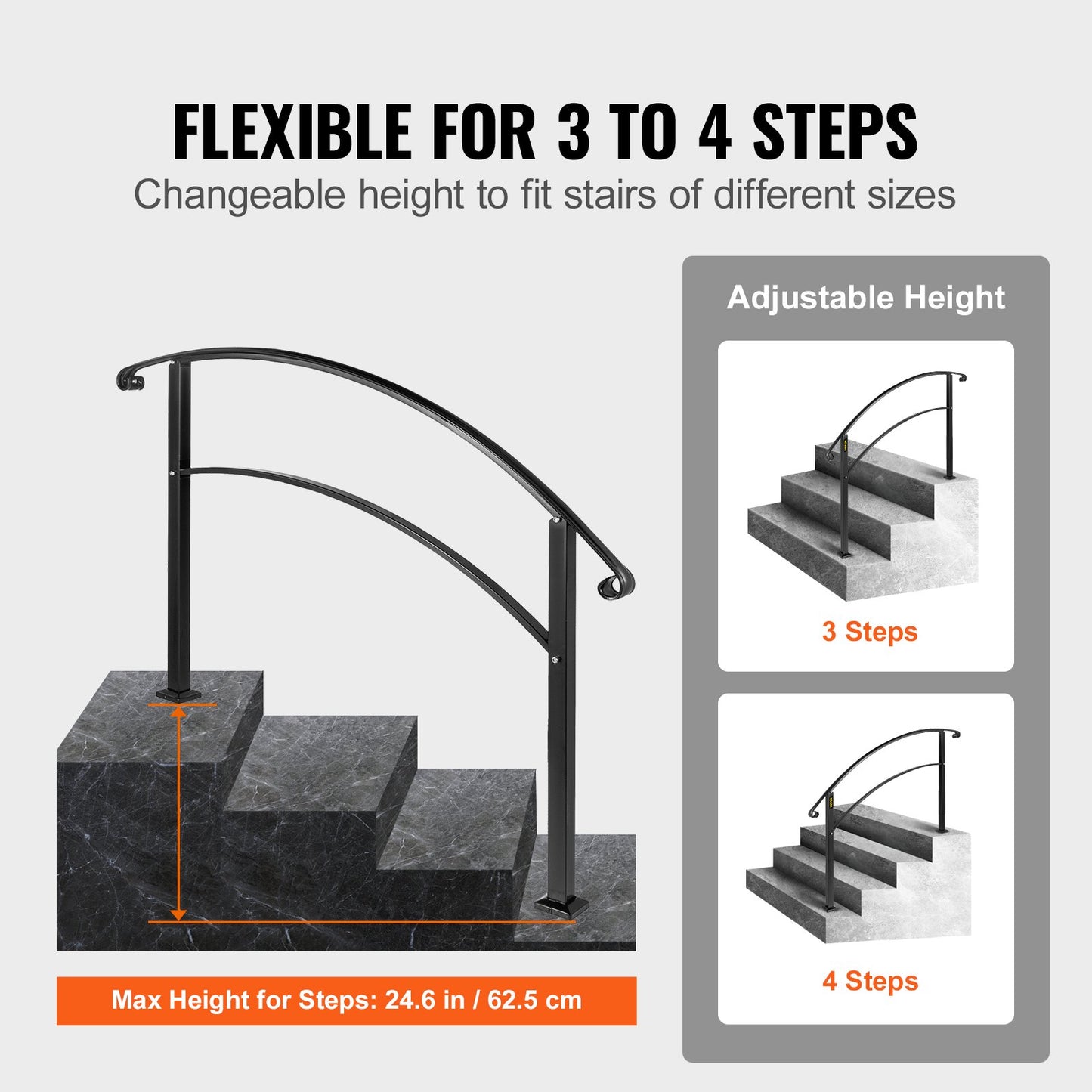 4-Step Handrail Fits 1 or 4 Steps Matte Black Stair Rail Wrought Iron Handrail with Installation Kit Hand Rails for Outdoor Steps