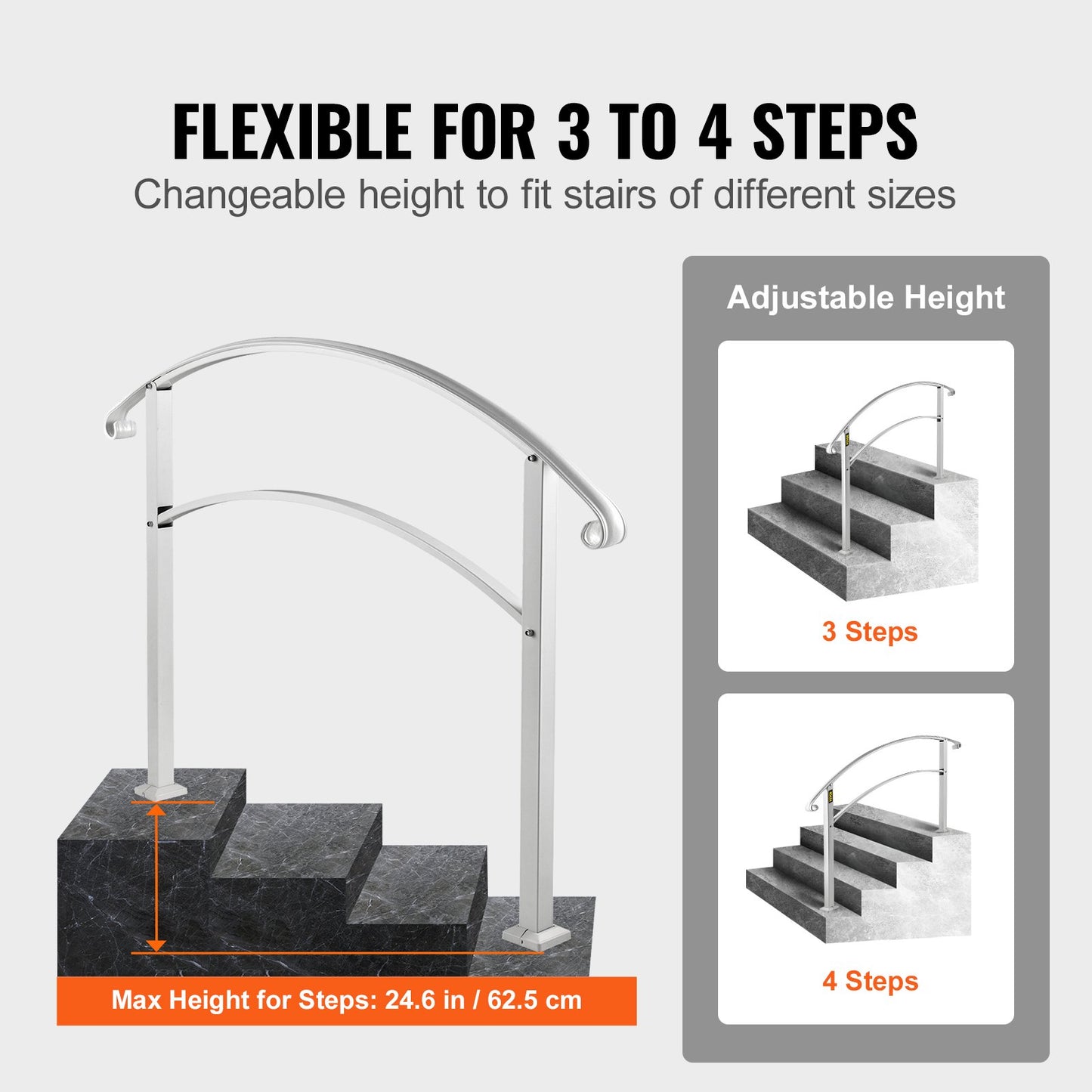 Handrails for Outdoor Steps, Fit 1 or 4 Steps Outdoor Stair Railing, White Wrought Iron Handrail, Flexible Front Porch Hand Rail, Transitional Handrails for Concrete Steps or Wooden Stairs