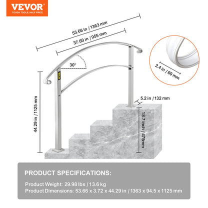 Handrails for Outdoor Steps, Fit 1 or 4 Steps Outdoor Stair Railing, White Wrought Iron Handrail, Flexible Front Porch Hand Rail, Transitional Handrails for Concrete Steps or Wooden Stairs