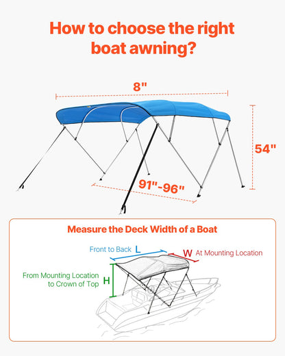 4 Bow Boat Bimini Tops, 600D Polyester Canopy with Aluminum Alloy Frame, Waterproof & Sun Shade Boat Awning Canopy with Storage Bag, 2 Support Poles, 4 Straps, 8'Lx(91"-96")Wx54"H, Pacific Blue