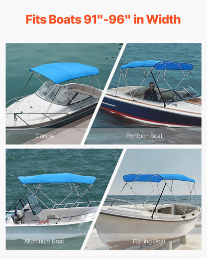 4 Bow Boat Bimini Tops, 600D Polyester Canopy with Aluminum Alloy Frame, Waterproof & Sun Shade Boat Awning Canopy with Storage Bag, 2 Support Poles, 4 Straps, 8'Lx(91"-96")Wx54"H, Pacific Blue