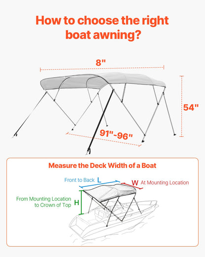 4 Bow Boat Bimini Tops, 600D Polyester Canopy with Aluminum Alloy Frame, Waterproof & Sun Shade Boat Awning Canopy with Storage Bag, 2 Support Poles, 4 Straps, 8'Lx(91"-96")Wx54"H, Light Grey