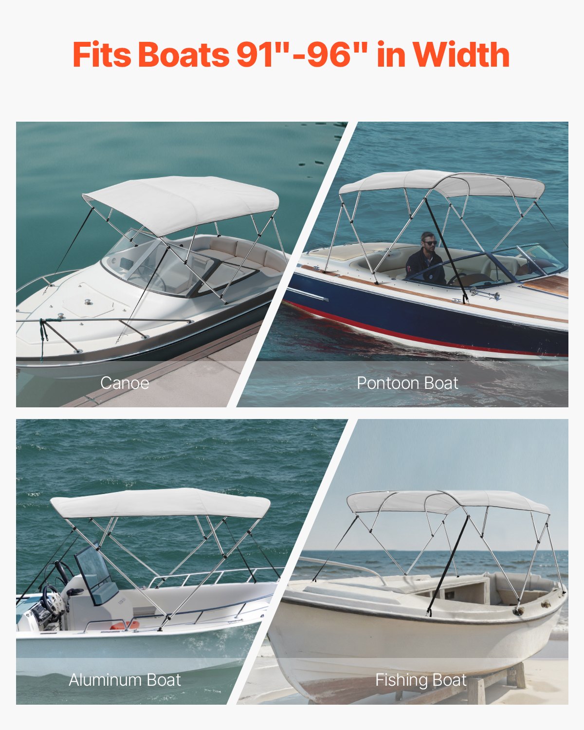 4 Bow Boat Bimini Tops, 600D Polyester Canopy with Aluminum Alloy Frame, Waterproof & Sun Shade Boat Awning Canopy with Storage Bag, 2 Support Poles, 4 Straps, 8'Lx(91"-96")Wx54"H, Light Grey