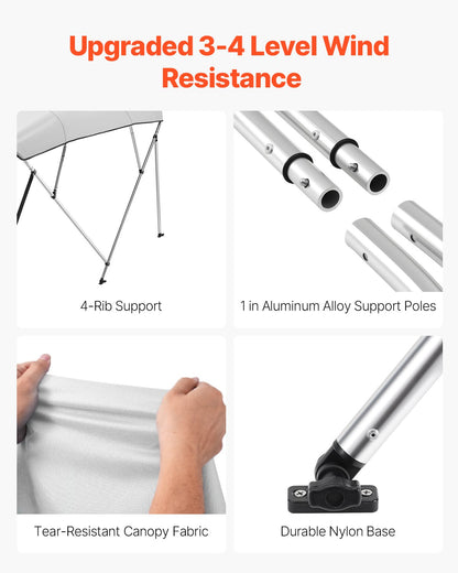 4 Bow Boat Bimini Tops, 600D Polyester Canopy with Aluminum Alloy Frame, Waterproof & Sun Shade Boat Awning Canopy with Storage Bag, 2 Support Poles, 4 Straps, 96"Lx(67"-72")Wx54"H, Light Grey