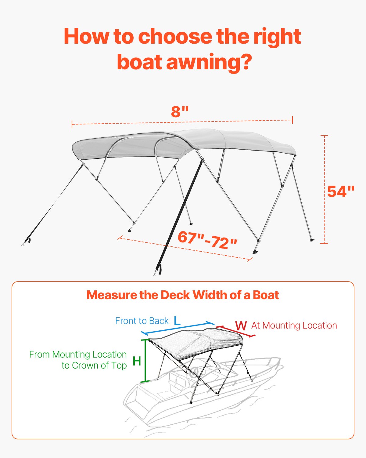 4 Bow Boat Bimini Tops, 600D Polyester Canopy with Aluminum Alloy Frame, Waterproof & Sun Shade Boat Awning Canopy with Storage Bag, 2 Support Poles, 4 Straps, 96"Lx(67"-72")Wx54"H, Light Grey