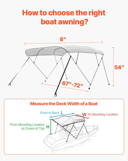 4 Bow Boat Bimini Tops, 600D Polyester Canopy with Aluminum Alloy Frame, Waterproof & Sun Shade Boat Awning Canopy with Storage Bag, 2 Support Poles, 4 Straps, 96"Lx(67"-72")Wx54"H, Light Grey