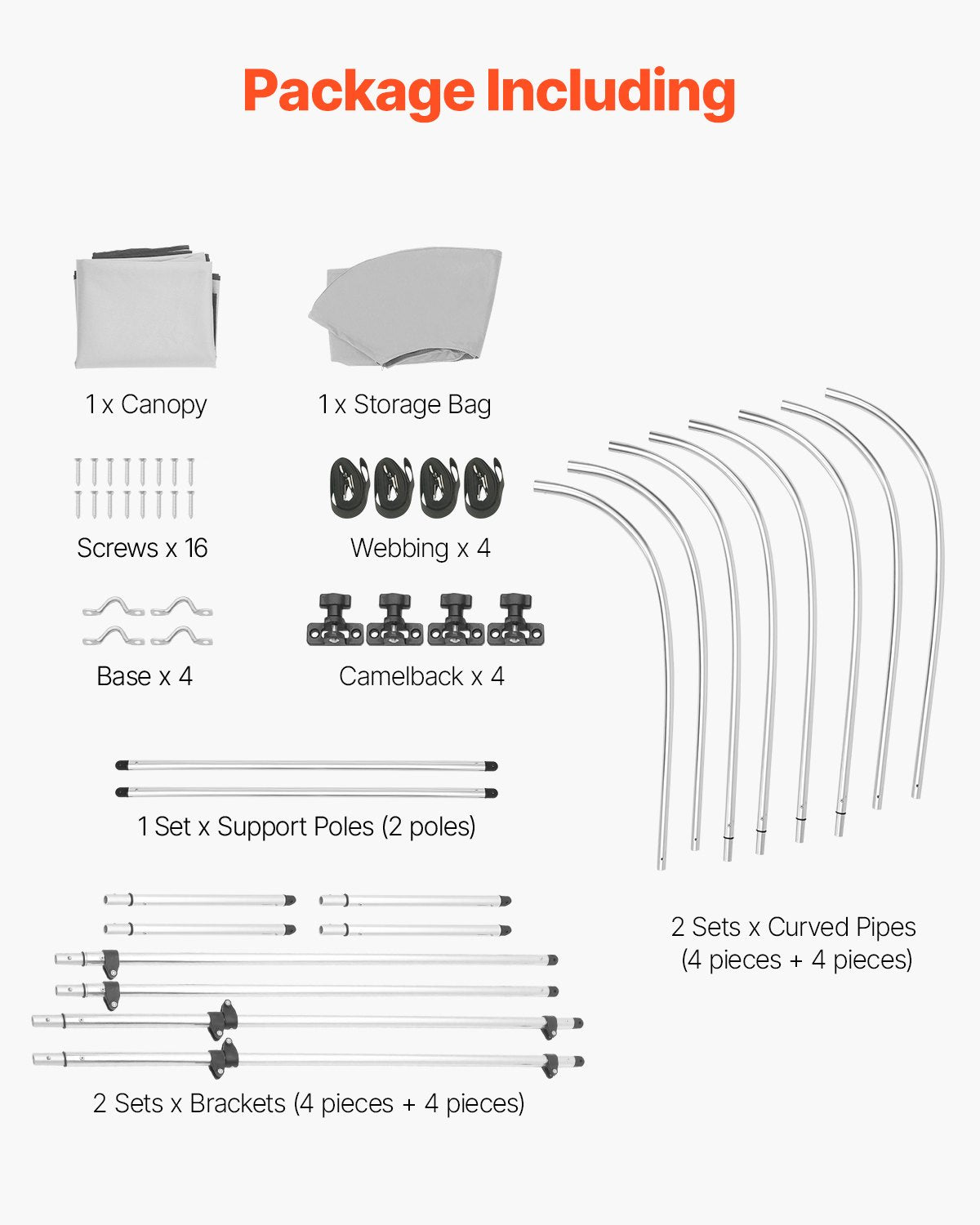 4 Bow Boat Bimini Tops, 600D Polyester Canopy with Aluminum Alloy Frame, Waterproof & Sun Shade Boat Awning Canopy with Storage Bag, 2 Support Poles, 4 Straps, 96"Lx(67"-72")Wx54"H, Light Grey