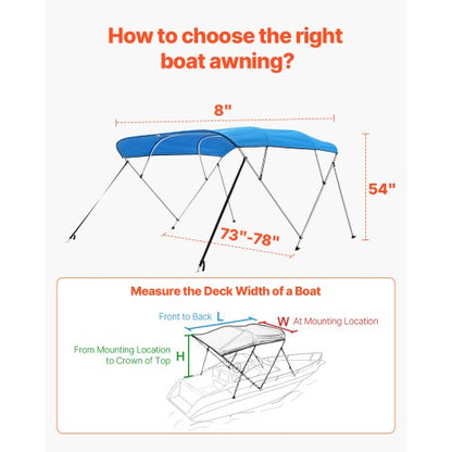 Biminitopp för båt med 4 bogar, 236 cm L x (183-198 cm B x 143 cm H, markis, Pacific Blue |  EU