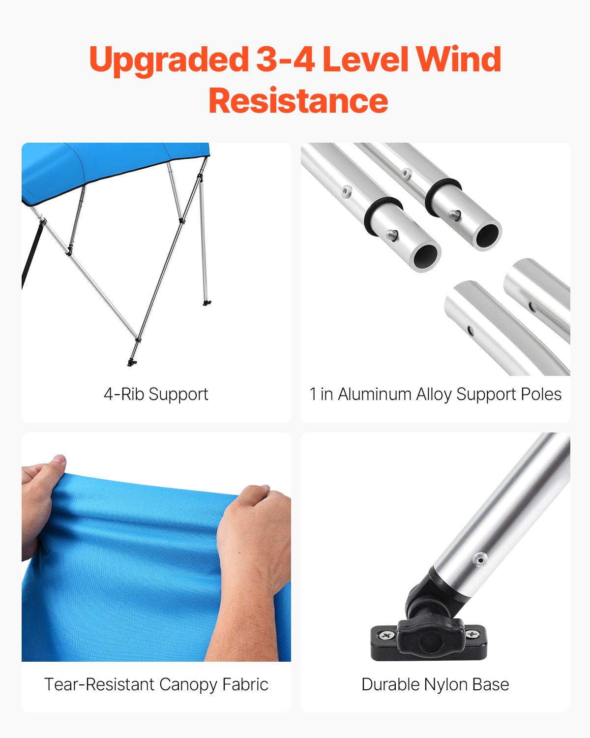 4 Bow Boat Bimini Tops, 600D Polyester Canopy with Aluminum Alloy Frame, Waterproof & Sun Shade Boat Awning Canopy with Storage Bag, 2 Support Poles, 4 Straps, 96"Lx(73"-78")Wx54"H, Pacific Blue