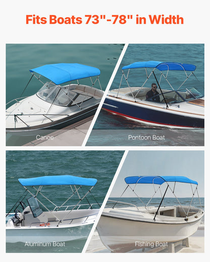 4 Bow Boat Bimini Tops, 600D Polyester Canopy with Aluminum Alloy Frame, Waterproof & Sun Shade Boat Awning Canopy with Storage Bag, 2 Support Poles, 4 Straps, 96"Lx(73"-78")Wx54"H, Pacific Blue