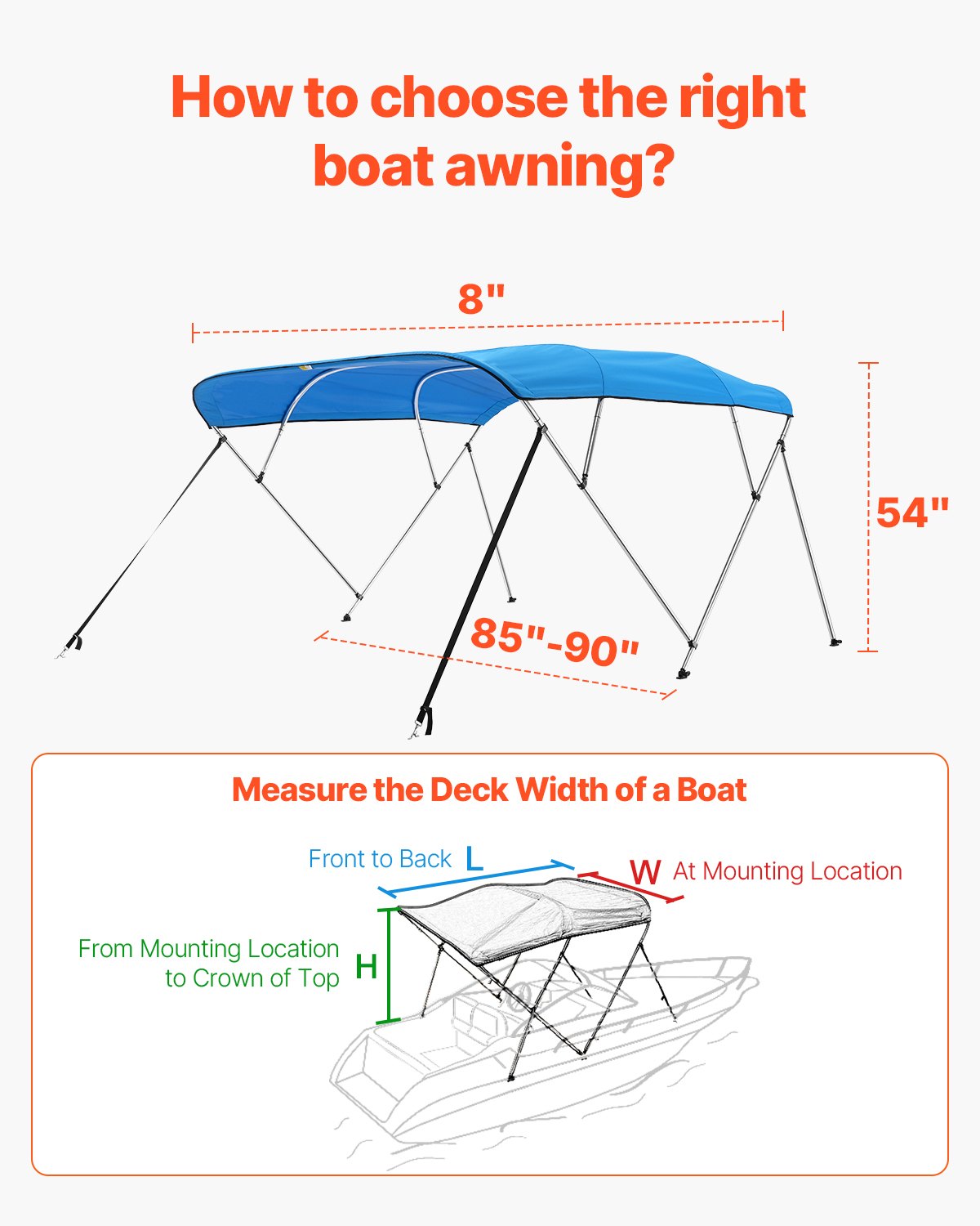 4 Bow Boat Bimini Tops, 600D Polyester Canopy with Aluminum Alloy Frame, Waterproof & Sun Shade Boat Awning Canopy with Storage Bag, 2 Support Poles, 4 Straps, 96"Lx(85"-90")Wx54"H, Pacific Blue