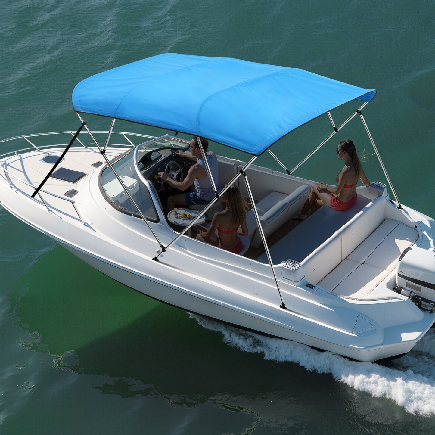 4 Bow Boat Bimini Tops, 600D Polyester Canopy with Aluminum Alloy Frame, Waterproof & Sun Shade Boat Awning Canopy with Storage Bag, 2 Support Poles, 4 Straps, 96"Lx(85"-90")Wx54"H, Pacific Blue