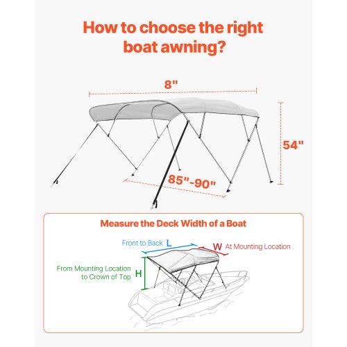 4 Bug-Boot-Bimini-Tops 96"L x (85"-90")B x 54"H Markisendach Hellgrau | EU