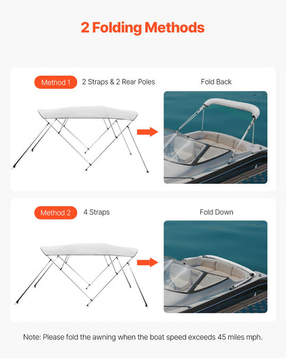 4 Bow Boat Bimini Tops, 600D Polyester Canopy with Aluminum Alloy Frame, Waterproof & Sun Shade Boat Awning Canopy with Storage Bag, 2 Support Poles, 4 Straps, 96"Lx(85"-90")Wx54"H, Light Grey