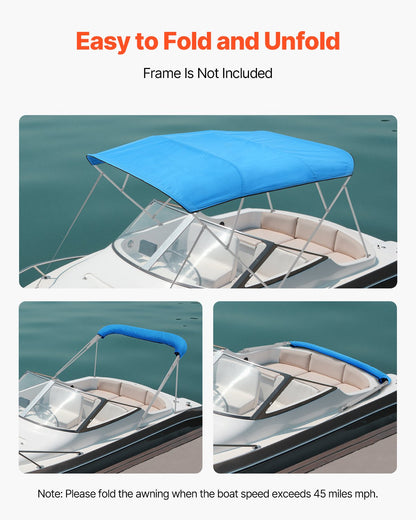 4 Bow Boat Bimini Tops, 600D Polyester Canopy, Waterproof & Sun Protection Boat Awning Canopy with Storage Bag, Bimini Top Replacement, 96"Lx(91"-96")W, Pacific Blue (Support Frame Not Included)