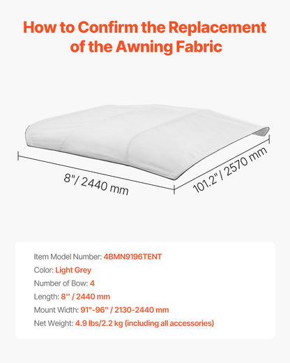 4 Bow Boat Bimini Tops, 600D Polyester Canopy, Waterproof & Sun Protection Boat Awning Canopy with Storage Bag, Bimini Top Replacement, 96"Lx(91"-96")W, Light Grey (Support Frame Not Included)