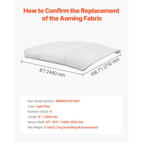 Biminitop för båt med 4 bogar, 96"L x (97"-103")B, ersättning för markistak, ljusgrå |  EU
