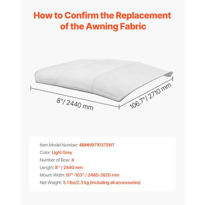 Biminitop för båt med 4 bogar, 96"L x (97"-103")B, ersättning för markistak, ljusgrå |  EU