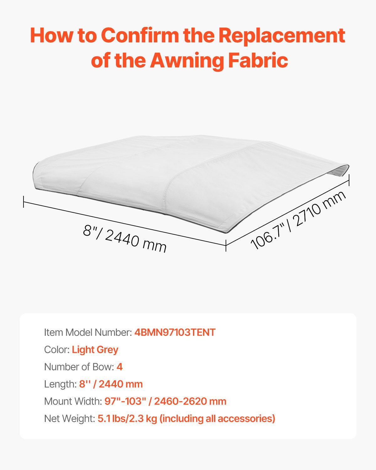 4 Bow Boat Bimini Tops, 600D Polyester Canopy, Waterproof & Sun Protection Boat Awning Canopy with Storage Bag, Bimini Top Replacement, 96"Lx(97"-103")W, Light Grey (Support Frame Not Included)