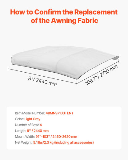 4 Bow Boat Bimini Tops, 600D Polyester Canopy, Waterproof & Sun Protection Boat Awning Canopy with Storage Bag, Bimini Top Replacement, 96"Lx(97"-103")W, Light Grey (Support Frame Not Included)