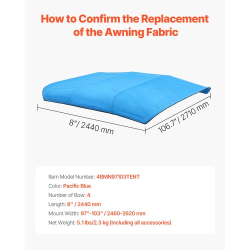 4 Bug-Boot-Bimini-Tops 96"L x (97"-103")B Markisenersatz Pazifikblau | EU
