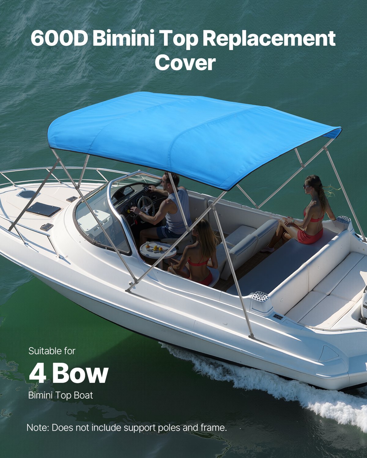4 Bow Boat Bimini Tops, 600D Polyester Canopy, Waterproof & Sun Protection Boat Awning Canopy with Storage Bag, Bimini Top Replacement, 96"Lx(97"-103")W Pacific Blue (Support Frame Not Included)