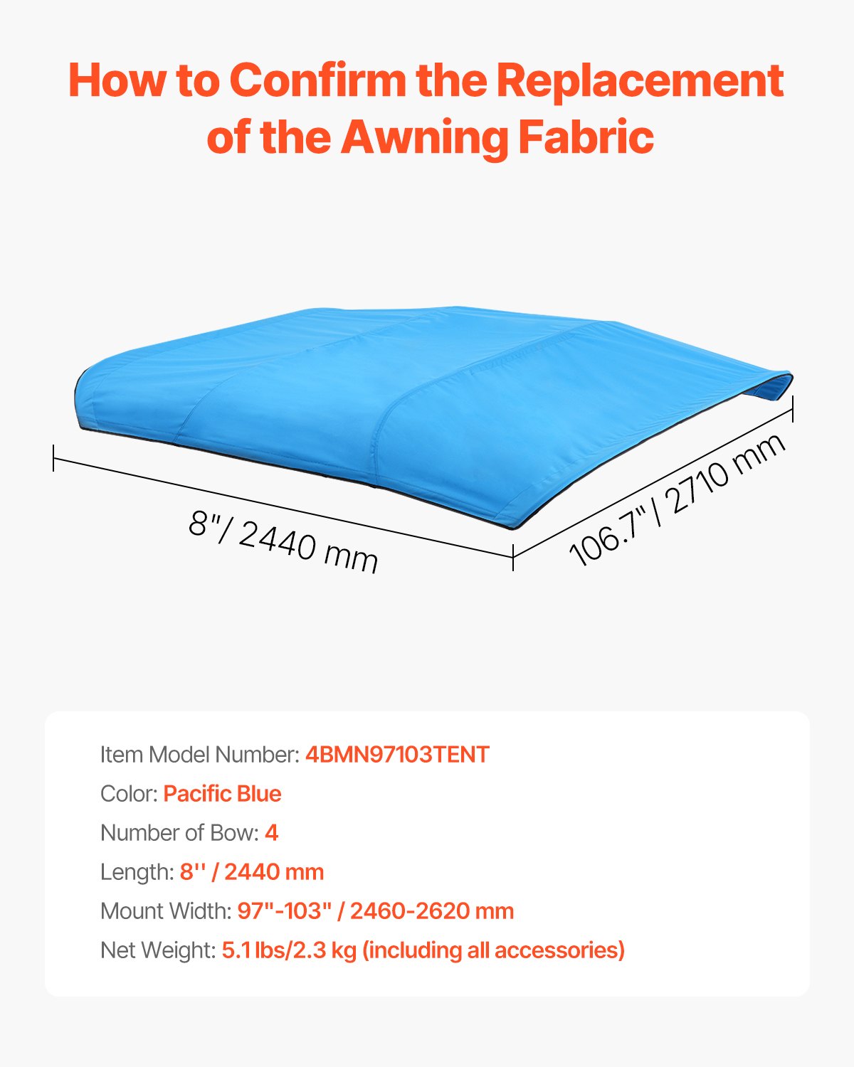 4 Bow Boat Bimini Tops, 600D Polyester Canopy, Waterproof & Sun Protection Boat Awning Canopy with Storage Bag, Bimini Top Replacement, 96"Lx(97"-103")W Pacific Blue (Support Frame Not Included)