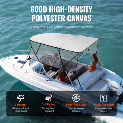 4 Bow Bimini Top Boat Cover, Detachable Mesh Sidewalls, 600D Polyester Canopy with 1" Aluminum Alloy Frame, Includes Storage Boot, 2 Straps, 2 Support Poles, 8'L x 54"H x 85"-90"W, Light Grey