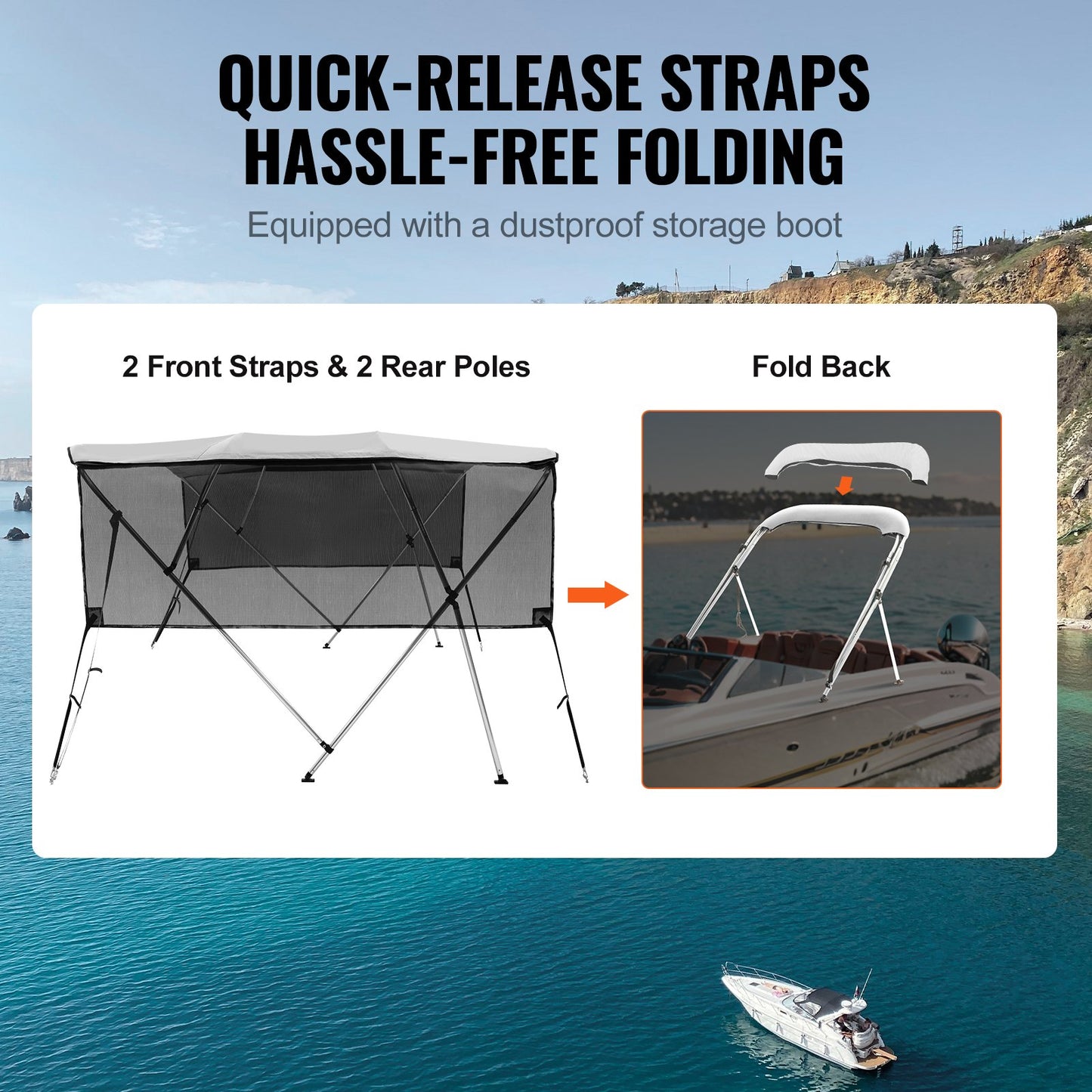 4 Bow Bimini Top Boat Cover, Removable Mesh Sidewalls, 600D Polyester Canopy with 1" Aluminum Alloy Frame, Includes Storage Boot, 2 Support Posts, 2 Straps, 8'L x 54"H x 85"-90"W, Light Gray