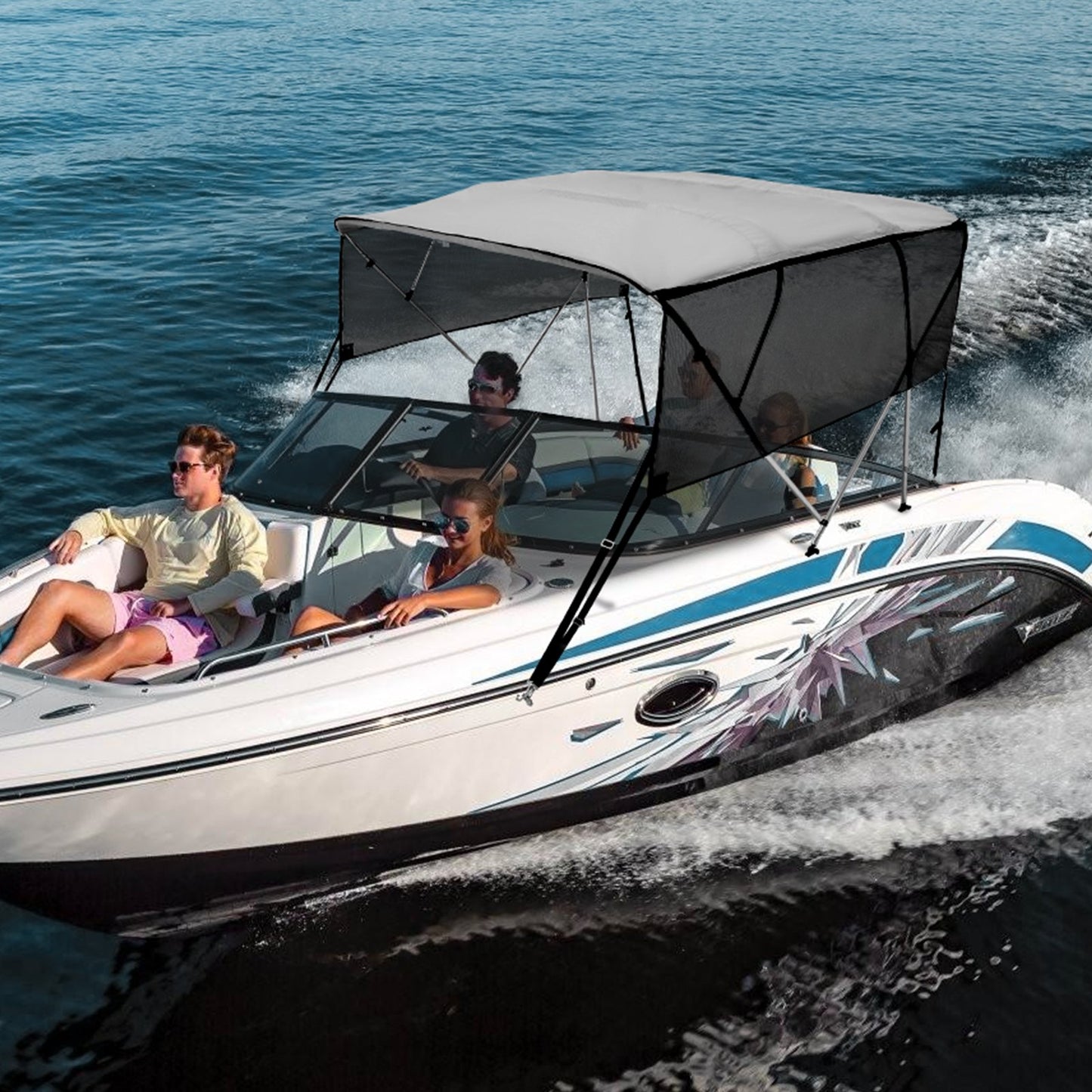 4 Bow Bimini Top Boat Cover, Detachable Mesh Sidewalls, 600D Polyester Canopy with 1" Aluminum Alloy Frame, Includes Storage Boot, 2 Straps, 2 Support Poles, 8'L x 54"H x 85"-90"W, Light Grey