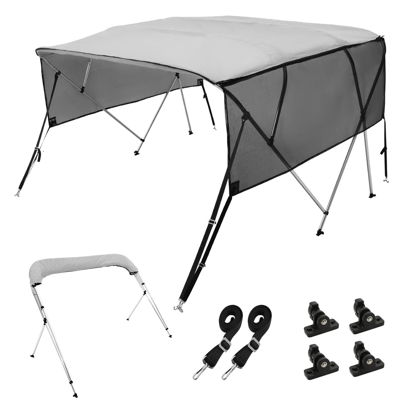 4 Bow Bimini Top Boat Cover, Removable Mesh Sidewalls, 600D Polyester Canopy with 1" Aluminum Alloy Frame, Includes Storage Boot, 2 Support Posts, 2 Straps, 8'L x 54"H x 85"-90"W, Light Gray