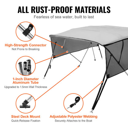 4 Bow Bimini Top Boat Cover, Detachable Mesh Sidewalls, 600D Polyester Canopy with 1" Aluminum Alloy Frame, Includes Storage Boot, 2 Straps, 2 Support Poles, 8'L x 54"H x 91"-96"W, Light Grey