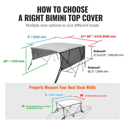 4 Bow Bimini Top Boat Cover, Detachable Mesh Sidewalls, 600D Polyester Canopy with 1" Aluminum Alloy Frame, Includes Storage Boot, 2 Straps, 2 Support Poles, 8'L x 54"H x 91"-96"W, Light Grey