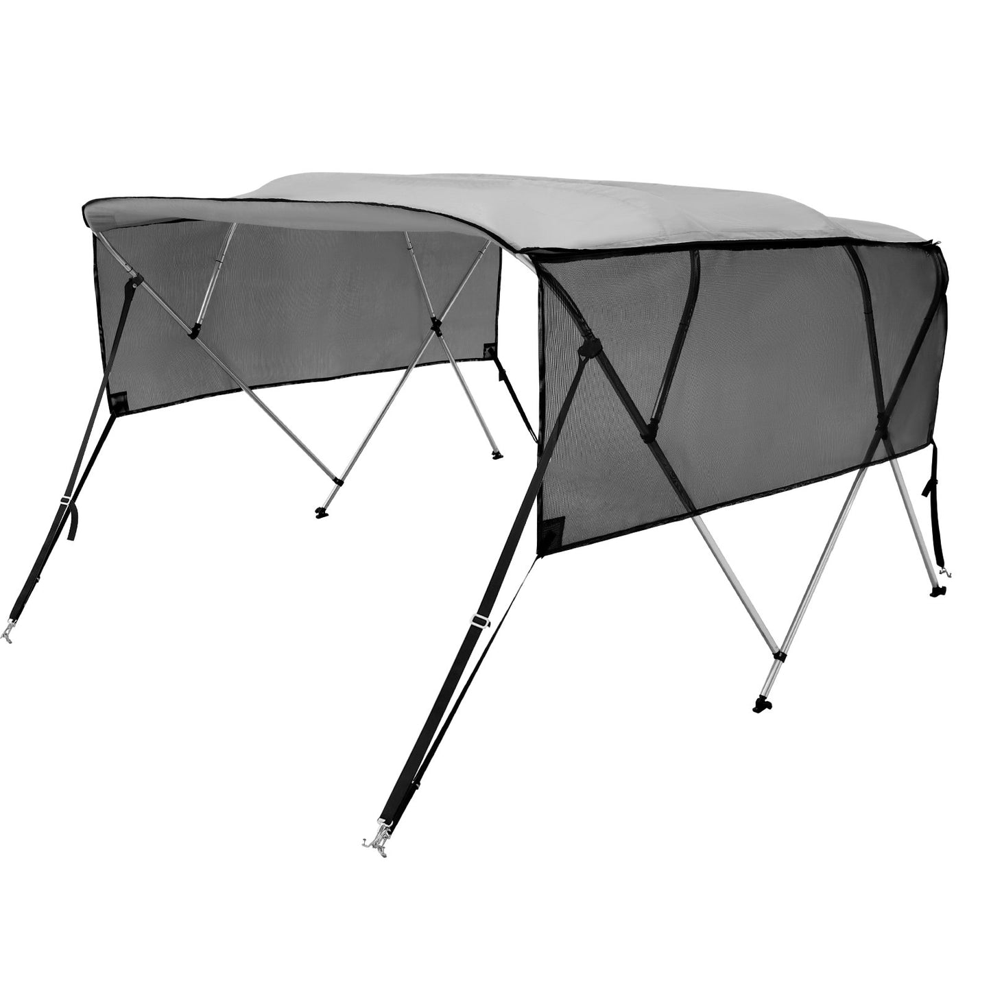 4 Bow Bimini Top Boat Cover, Detachable Mesh Sidewalls, 600D Polyester Canopy with 1" Aluminum Alloy Frame, Includes Storage Boot, 2 Straps, 2 Support Poles, 8'L x 54"H x 91"-96"W, Light Grey
