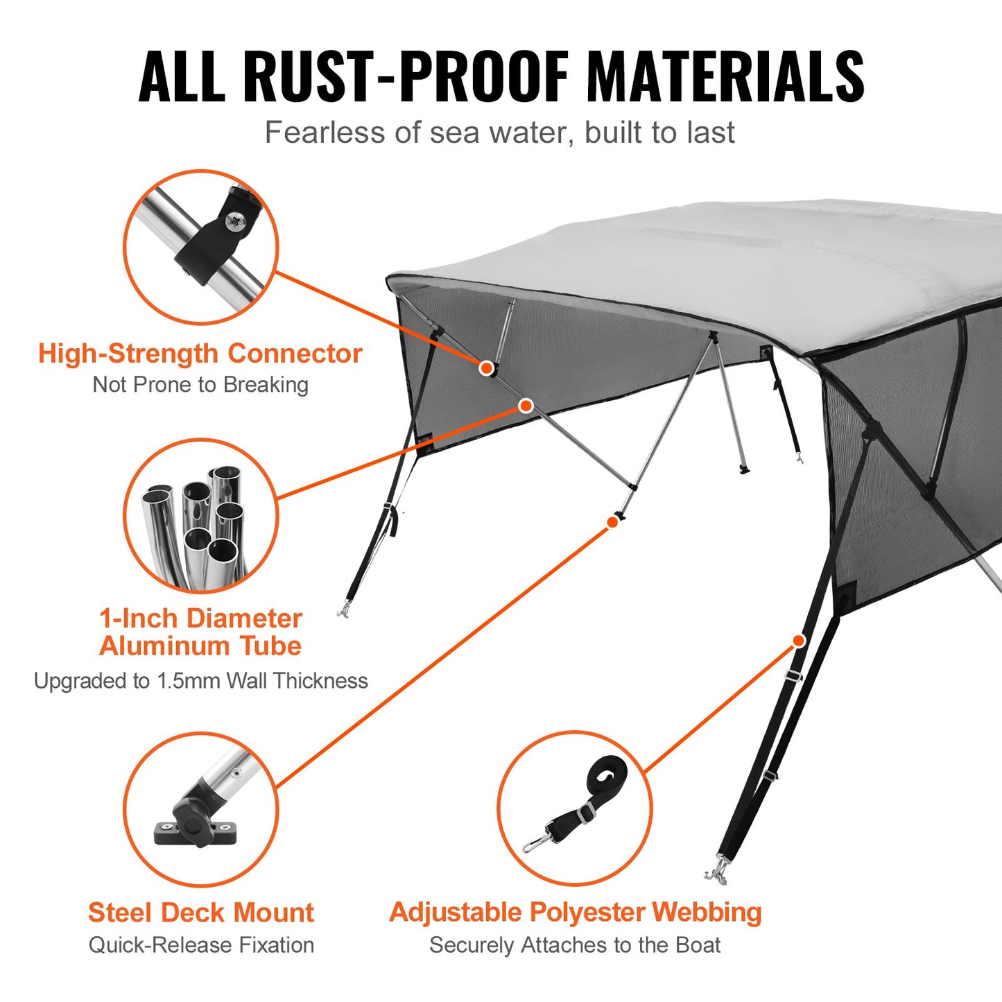 4 Bow Bimini Top Boat Cover, Detachable Mesh Sidewalls, 600D Polyester Canopy with 1" Aluminum Alloy Frame, Includes Storage Boot, 2 Straps, 2 Support Poles, 8'L x 54"H x 79"-84"W, Light Grey