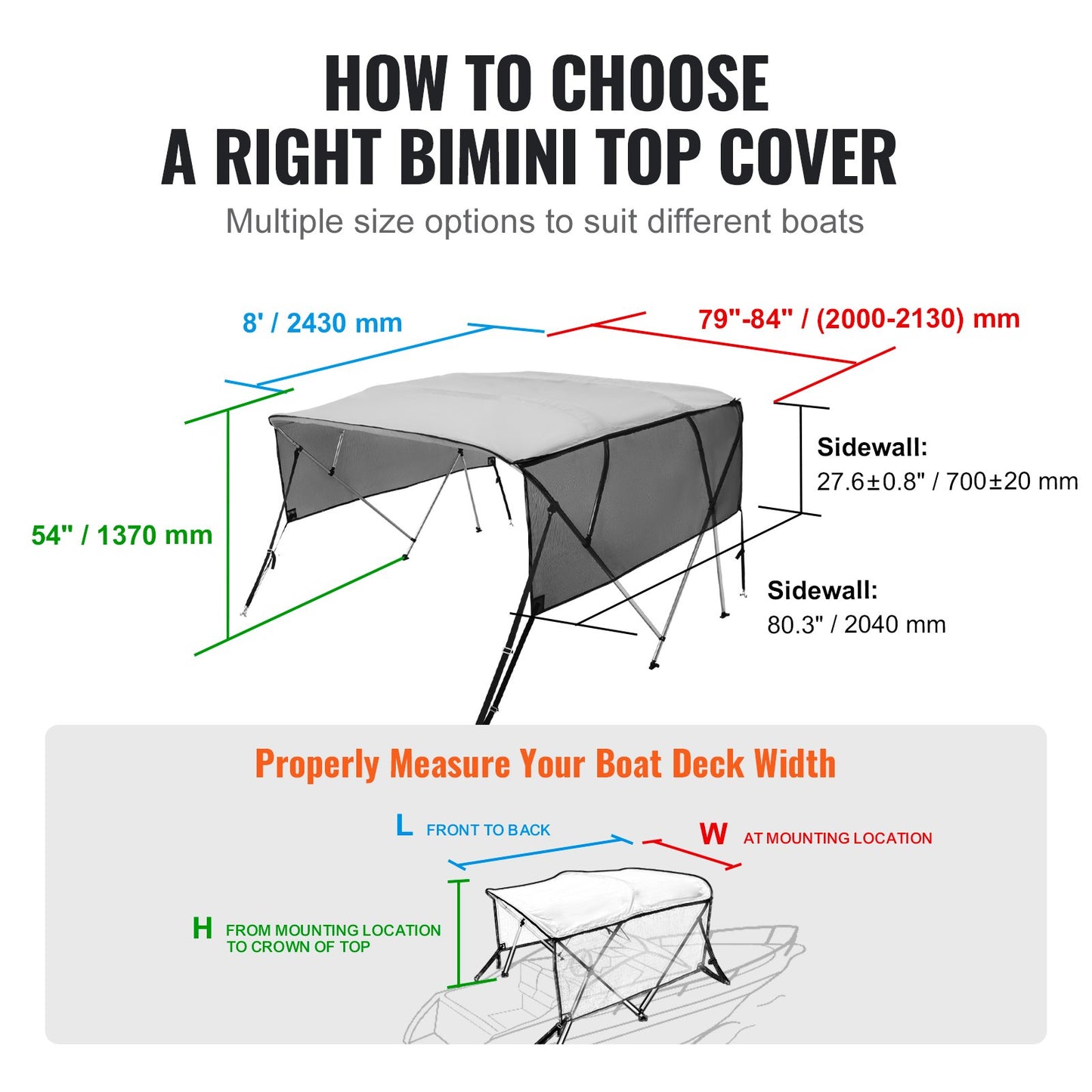 4 Bow Bimini Top Boat Cover, Detachable Mesh Sidewalls, 600D Polyester Canopy with 1" Aluminum Alloy Frame, Includes Storage Boot, 2 Straps, 2 Support Poles, 8'L x 54"H x 79"-84"W, Light Grey