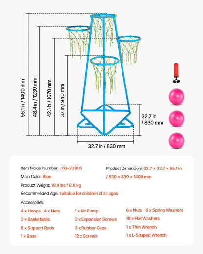 Kids Basket Hoop 4-Hoop Portable Basketball Stand Justerbar i höjder