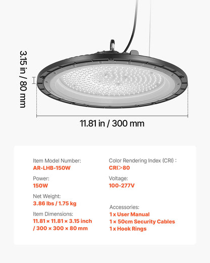 10 Pack LED High Bay Lights, 5000K 150W 21000LM Super Bright UFO LED Warehouse Shop Lights, IP65 Waterproof, 100-277V Wide Voltage for Warehouse Workshop Factory Gym Garage Barn, Black