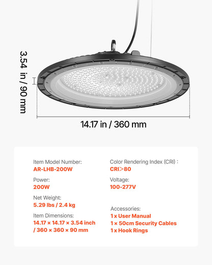 6 Pack LED High Bay Lights, 5000K 200W 30000LM Super Bright UFO LED Warehouse Shop Lights, IP65 Waterproof, 100-277V Wide Voltage for Warehouse Workshop Factory Gym Garage Barn, Black
