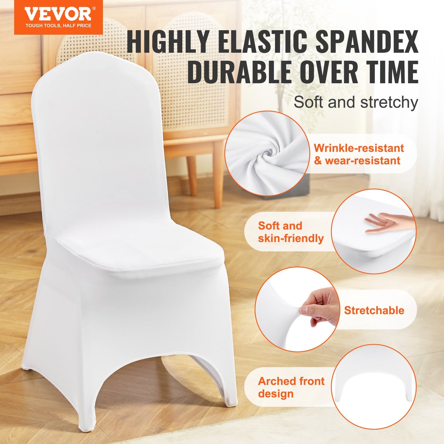 Stretch Spandex Folding Chair Covers, Universal Fitted Arched Front Cover, Removable Washable Protective Slipcovers, for Wedding, Holiday, Banquet, Party, Celebration, Dining (50PCS White)