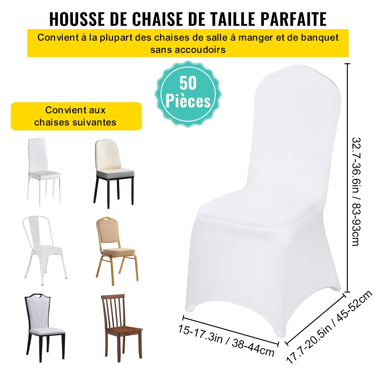 Stretch Spandex Folding Chair Covers, Universal Fitted Chair Cover, Removable Washable Protective Slipcovers, for Wedding, Holiday, Banquet, Party, Celebration, Dining (50PCS White)