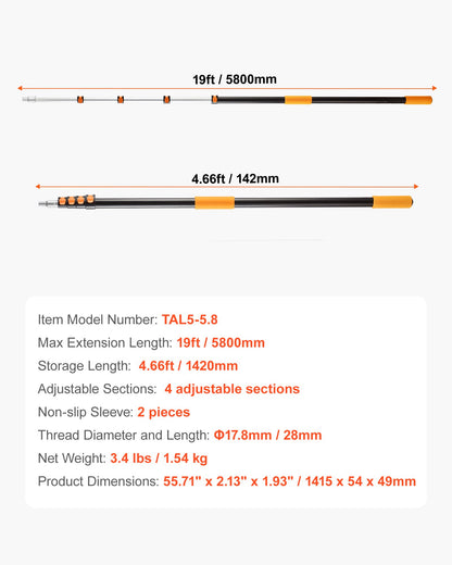 Telescopic Extension Pole, 4.66-19 FT Multi-Purpose Extendable Pole, Sturdy Aluminum Alloy Paint Pole Extension with Flip-Lock Design, High Reach Roller Stick for Painting, Dusting and Cleaning