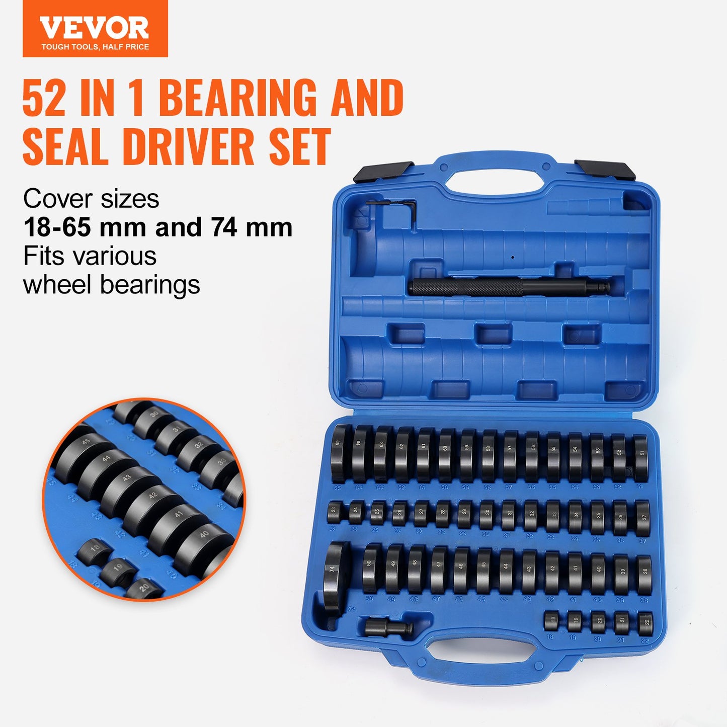 52PCS Custom Bushing Bearing &amp; Seal Driver Set, Transmission Wheel Axle Bearing Race, Seal Driver Installer Remover, 18-65mm &amp; 74mm Metric Washers Bushing Removal Puller Bearing Press Tool Kit