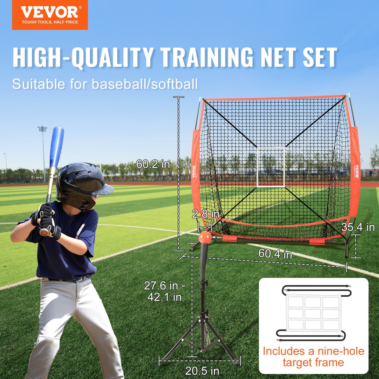 5x5 ft Baseball Softball Training Net, Portable Baseball Training Net for Hitting Batting Catching Pitching, Backstop Baseball Equipment with Hoop Frame, Carrying Bag, Strike Zone, Ball, Batting Tee