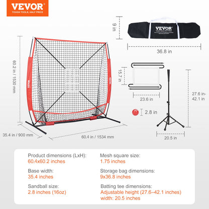 5x5 ft Baseball Softball Training Net, Portable Baseball Training Net for Hitting Batting Catching Pitching, Backstop Baseball Equipment with Hoop Frame, Carrying Bag, Strike Zone, Ball, Batting Tee