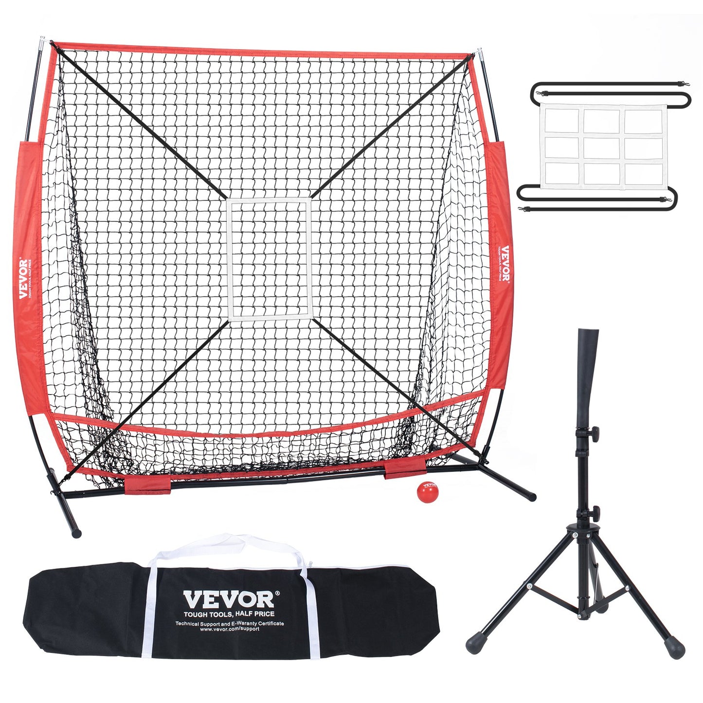 5x5 ft Baseball Softball Training Net, Portable Baseball Training Net for Hitting Batting Catching Pitching, Backstop Baseball Equipment with Hoop Frame, Carrying Bag, Strike Zone, Ball, Batting Tee