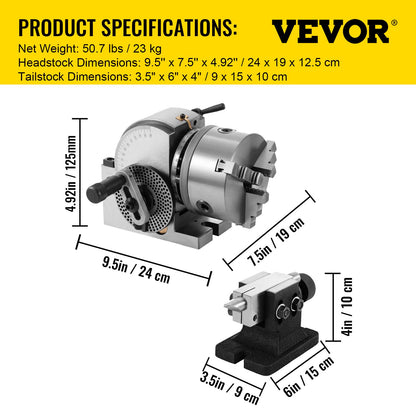 Dividing Head BS-0 5Inch 3 Jaw Chuck Dividing Head Set Precision Semi Universal Dividing Head for Milling Machine Rotary Table Tailstock Milling Set (5 Inch Chuck)