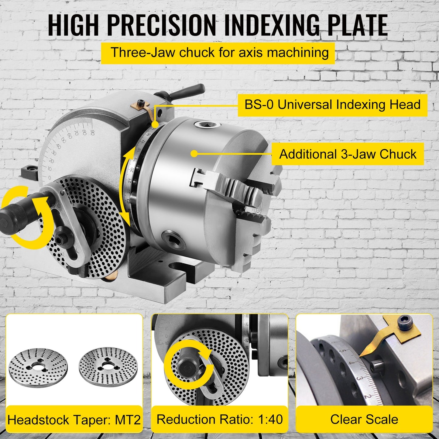 BS-0 Precision Dividing Head, Horizontal Dividing Head with 3-Jaw Chuck, MT2 End Mill BS-0 5" Semi-Universal Dividing Head for Milling Machine Gear Cutting